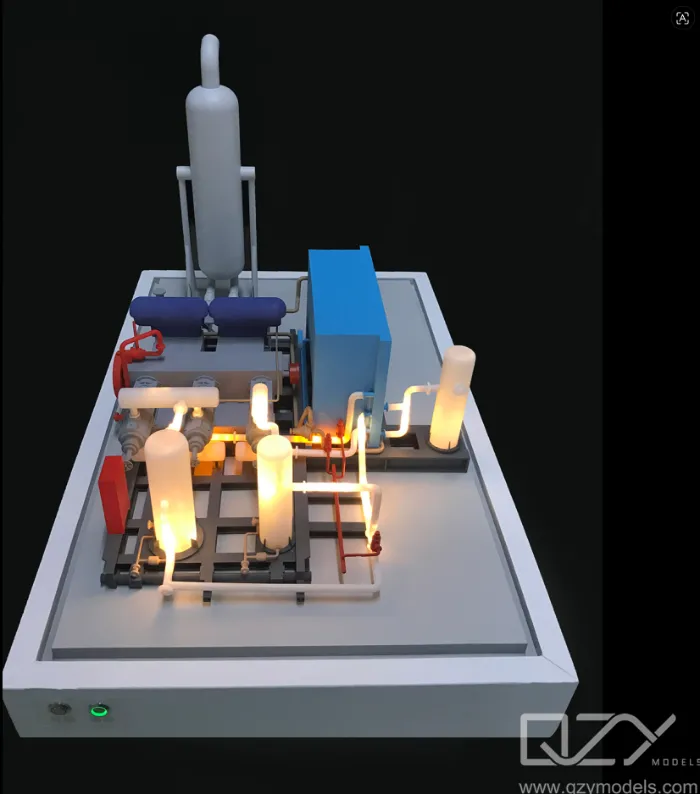 Industrial Process Unit Model Illuminated industrial process unit scale model with glowing LED pipes, tanks, blue reactor module, purple vessels, tall column and intricate piping system on white display base – precision engineering demonstration by QZY Models