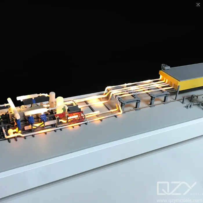 industrial pipeline scale model Illuminated industrial pipeline system scale model with valves and pumps