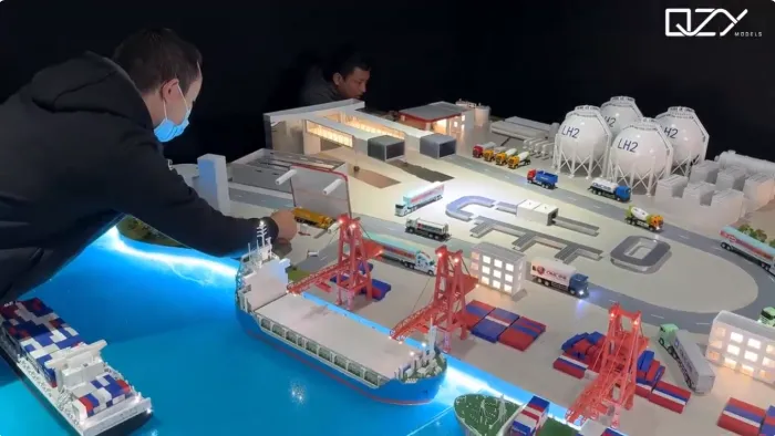 lh2 port terminal scale model Detailed LH2 hydrogen port terminal scale model with ships and cranes