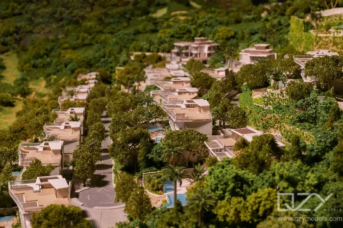 Close-Up Master Plan Model of Road Networks and Landscape Design Close-up of a real estate masterplan model showing detailed road networks, pathways, and landscape elements including greenery and open spaces