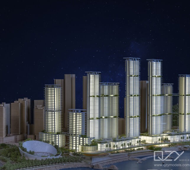 High-Quality Master Plan Model with Material Finishes and Detail Close-up of a master plan architectural model highlighting premium material finishes, textures, and fine detailing in buildings and landscape elements