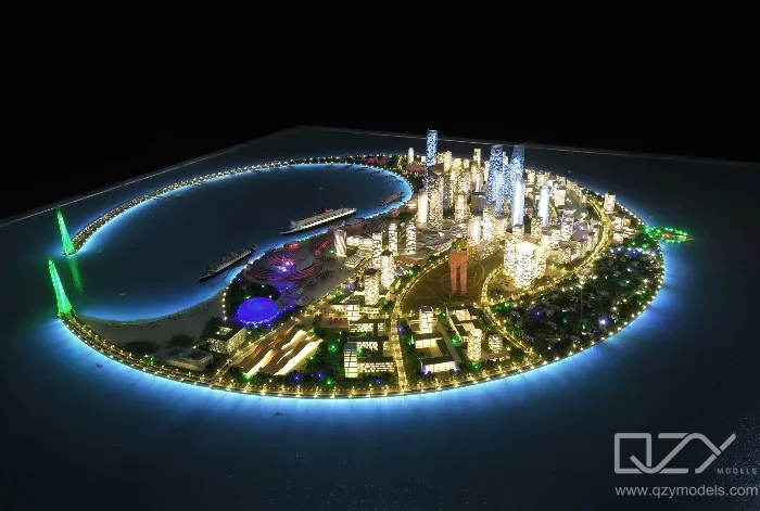 LED Lighting Enhancing Master Plan Model Depth and Detail Architectural master plan model illuminated with LED lighting to enhance depth, highlight buildings, roads, and landscape features for presentation clarity