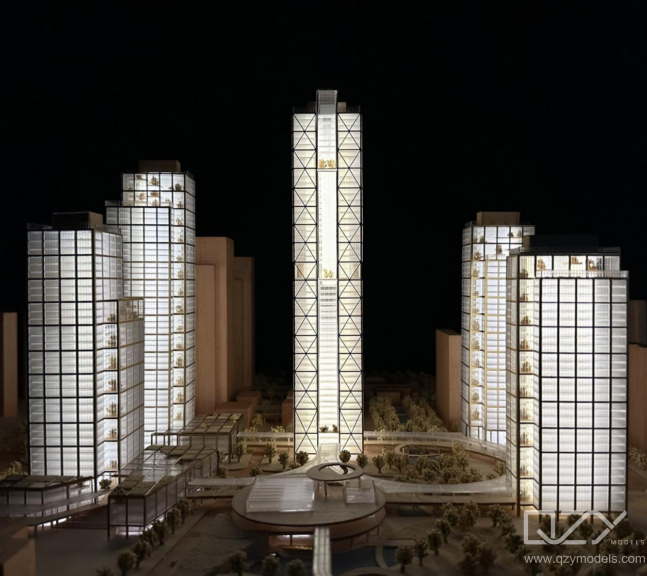 Physical model displayed in a modern showroom architectural model showroom masterplan real estate presentation