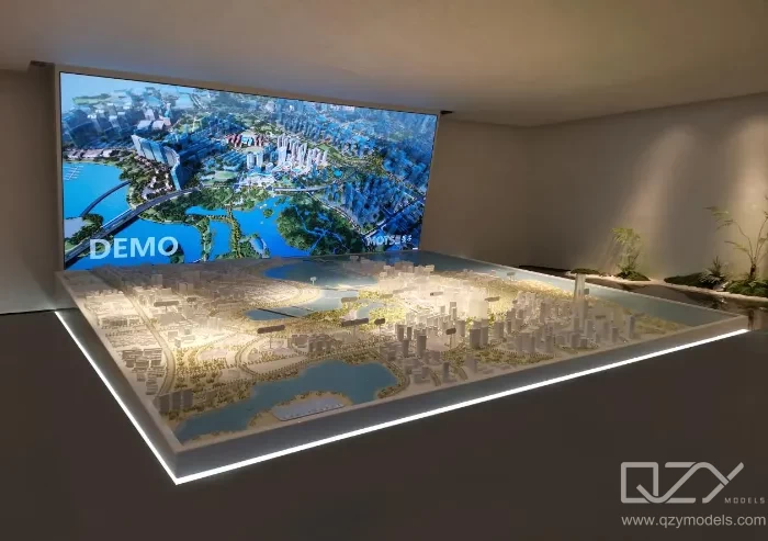 Tablet overlay on model Digital data enhancing a physical urban planning model