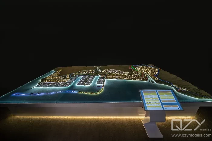 Large port model with quay, cranes, and container yard port scale model container terminal quay cranes logistics layout