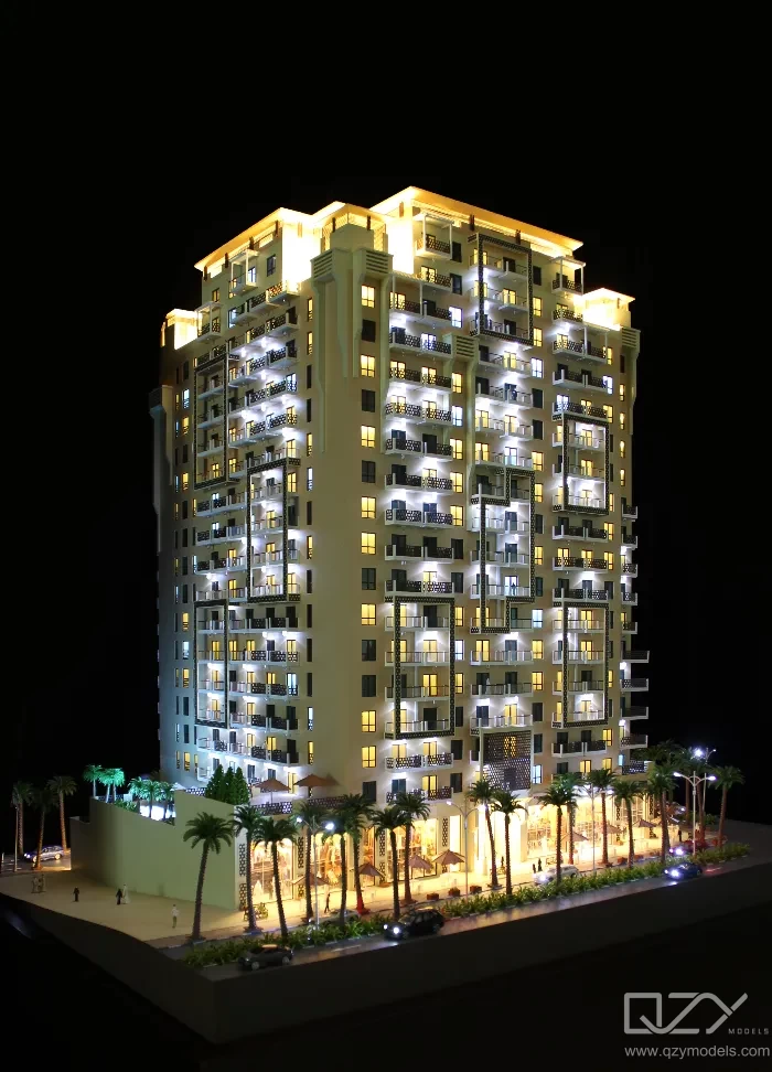 Architectural scale model of a mixed-use development with residential, retail and public realm