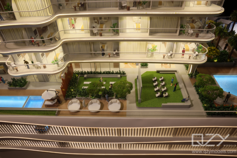 Residentil building Interiors Mixed-use development model featuring detailed retail interiors at ground level and exterior-focused upper floors.